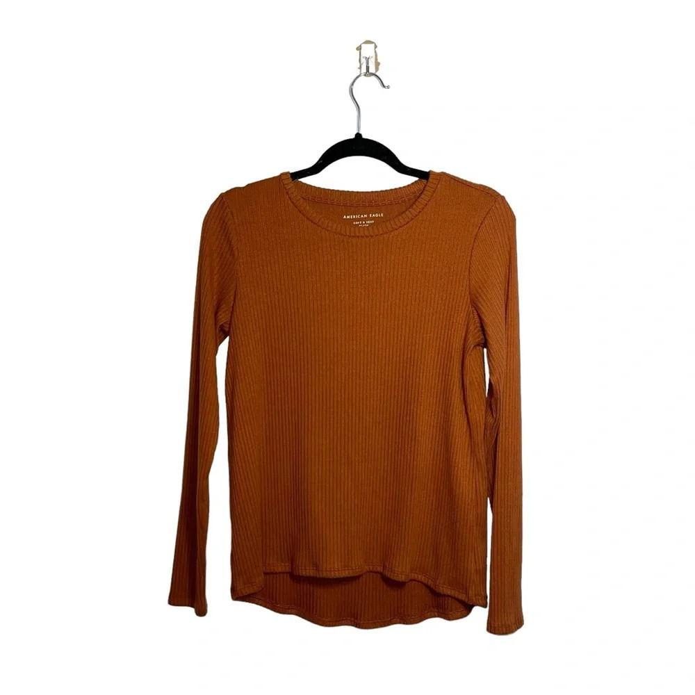 American Eagle Soft & Sexy Plush Ribbed Tee Rust Orange Long Sleeve Small Women